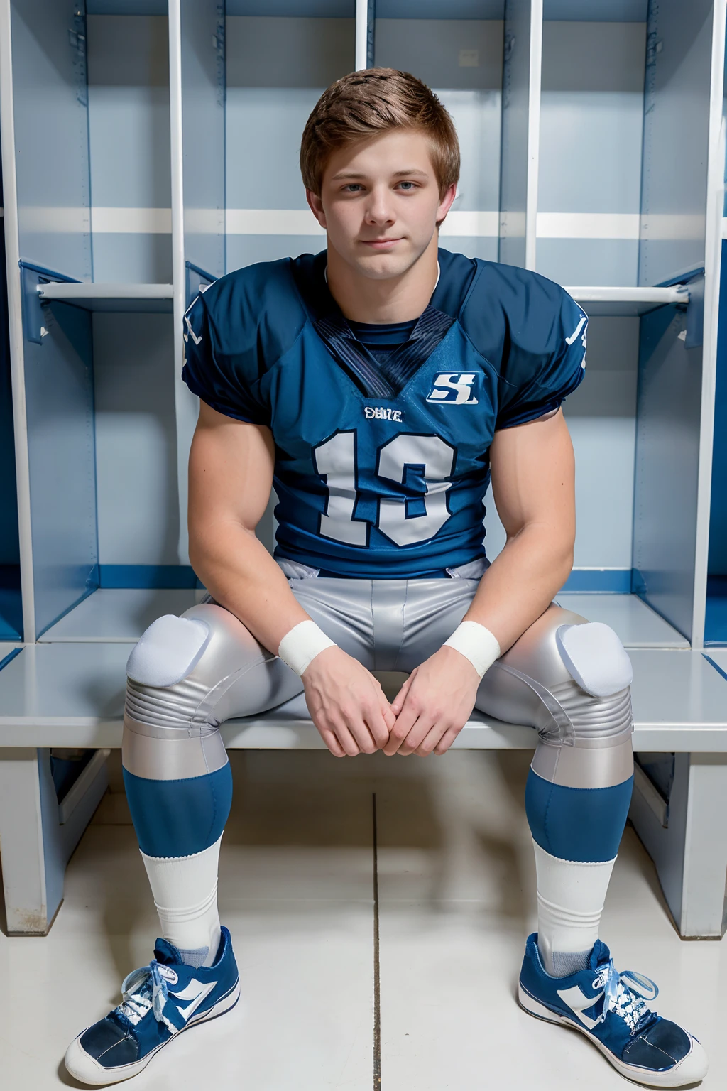 locker room, sitting on a bench, in front of lockers, slightly smiling, KasparDixon is an (American football player), wearing (football uniform), (blue jersey:1.3), (shoulder pads), (pale silver football pants:1.3), (blue socks:1.3), (black sneakers:1.3),  (((full body portrait))), wide angle   <lora:KasparDixon:0.8>