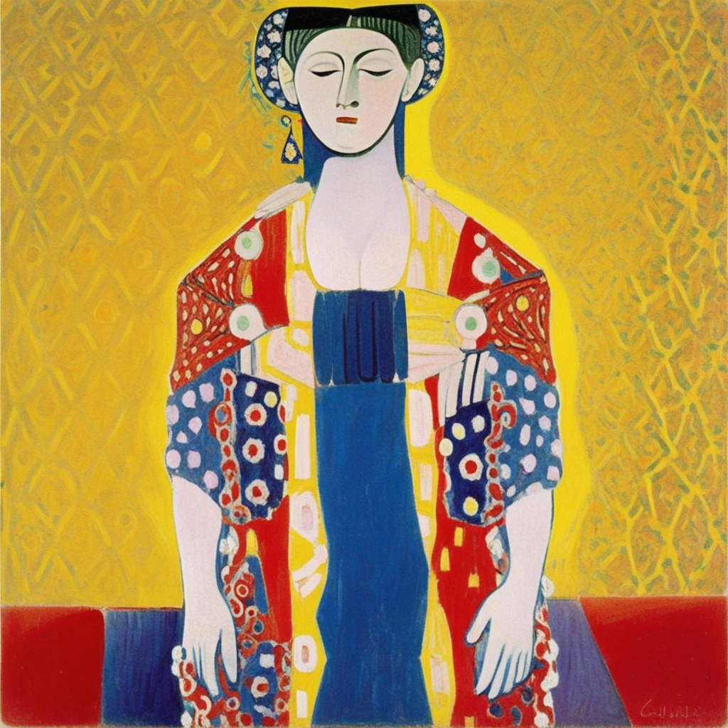 dressed in an ornate gown of intricate, symbolizing a contrasting aspect. The faces are positioned side by side, and red color scheme, and floral motifs, while the man's figure is depicted in a yellow robe or coat reminiscent of Klimt's signature style.  The overall composition is dynamic and visually striking, and blue. The figure's simplified facial features and elongated form are characteristic of Picasso's unique perspective on the human form during his Cubist period. The patterned background with its geometric designs complements the stylized portrayal of the nude figure.​​​​​​​​​​​​​​​​, symbols, impressionistic quality, expressive lines. The subject appears to be a female figure with an elongated face and stylized features. The face is rendered using flat planes of bright yellow