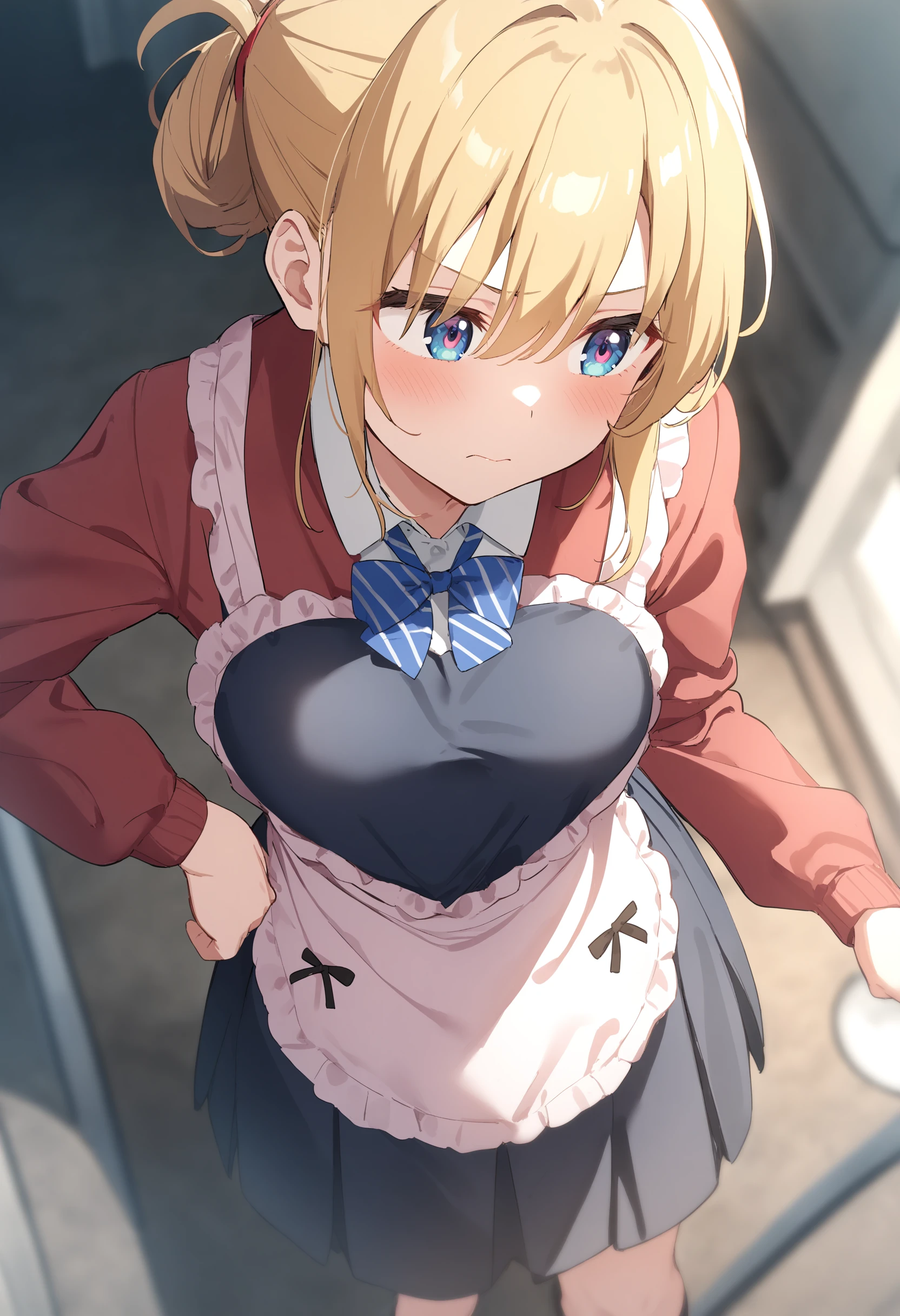 1girl,sincos, ningen mame, toosaka asagi,solo,medium breasts,school uniform,
heart apron,apron, frills, frilled apron, <lora:heartapron_XL_v1:0.6>
from above, cinematic angle, looking away, blonde hair, pink eyes,envy, novitiate, closed mouth, folded ponytail hair,,
best quality, very aesthetic, absurdres