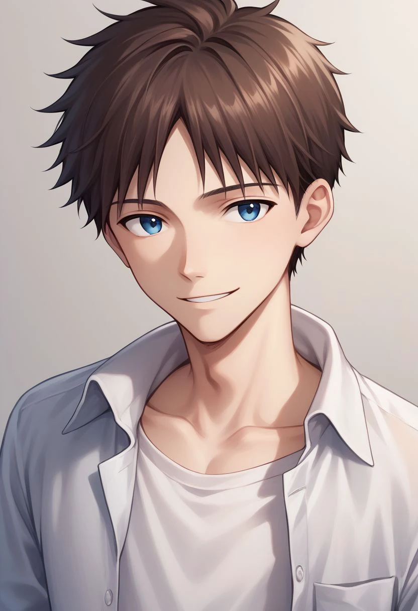 score_9, score_8_up, source_anime, highly detailed, 1boy, solo, male_focus, skinny,
shinji, 1boy, male focus, solo, blue eyes, brown hair, shirt, white shirt, collared shirt, open shirt, blue t-shirt, black pants, smile,
indoor, upper body,