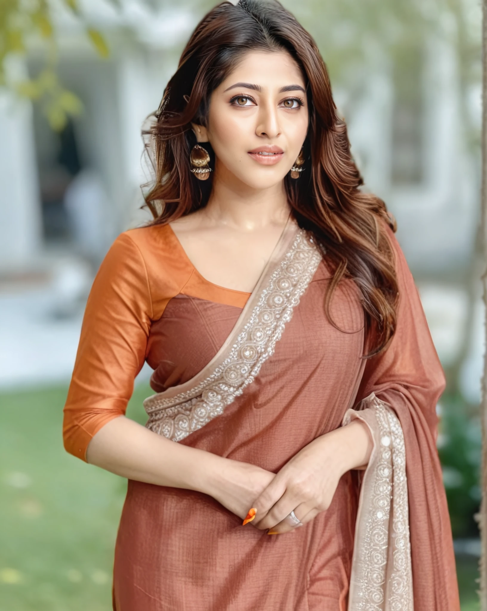 photo of Sonarika Bhadoria woman,  wearing conservative Cinnamon colored clothing, full body, dynamic pose, grey_eyes, looking at the camera, soft lighting, outdoors in bokeh   <lora:Sonarika_Bhadoria_SDXL_LoRA_adafactor:1>