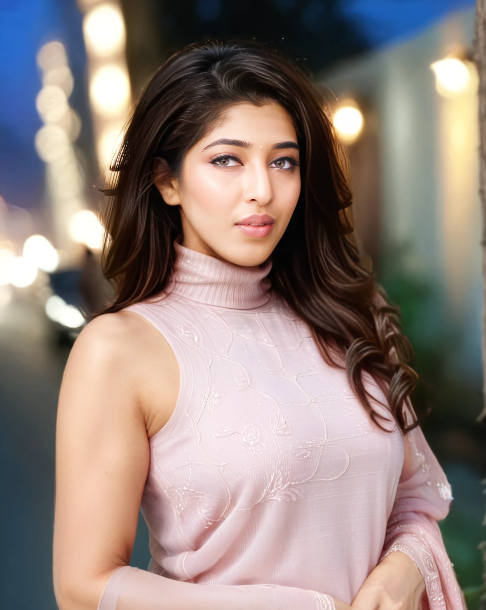 photo of Sonarika Bhadoria woman,  wearing conservative Rose Quartz colored intricate sleeveless turtleneck, dynamic pose, Looking at the camera, soft lighting, night time, outdoors in bokeh   <lora:Sonarika_Bhadoria_SDXL_LoRA_adafactor:1>