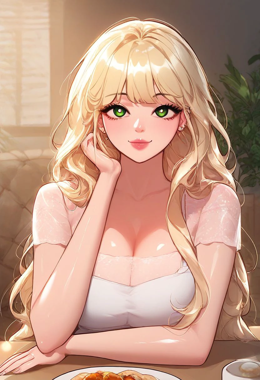 score_9, score_8_up, score_7_up, a character sheet of , 1woman, (( <lora:yoon_min-ah:1> , yoon_min-ah, thin waist, very big hips, beautiful skin, beautiful blonde hair, beautiful long hair, bangs, clear eyes, piercing gold eyes, pink lips, green eye shadows, bright pupils, beautiful eyes, very big and shaggy breast, beauty, extraordinary beautiful girl, attractive girl, super sexy girl, cute, )), seducative, closed mouth, seducative smile, shiny skin, closed mouth, smile, whole table view, 1women at restaurant, eating lunch, sitting and eating,