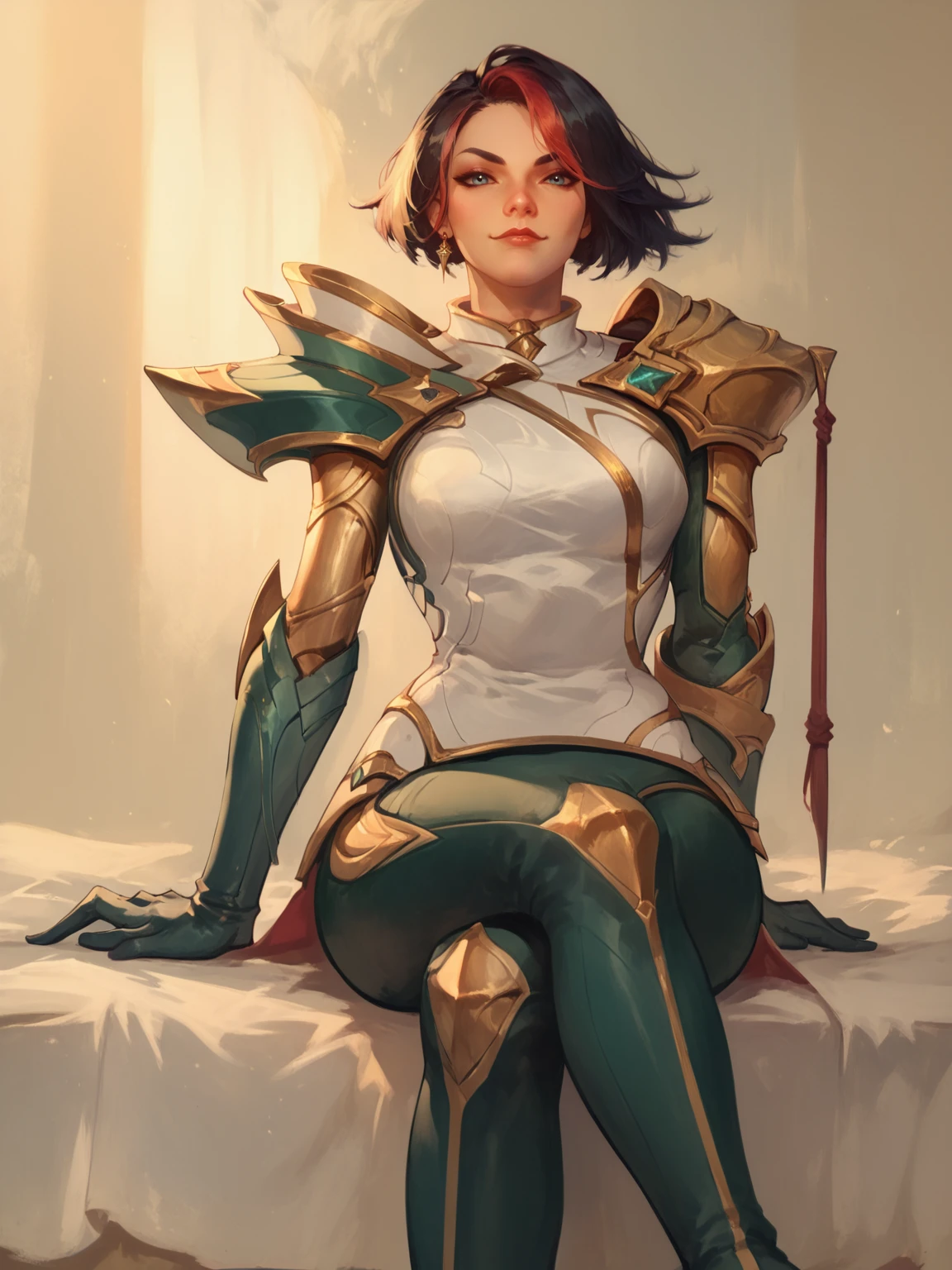 score_9, score_8_up, score_7_up, FioraNormal, 1girl, solo, black and red hair, white armor, golden shoulder pads, green pants, golden gloves, rapier, green boots, wodeipoi, sitting on bed, smirk <lora:FioraNormal:1>  <lora:wodeipoi:1>