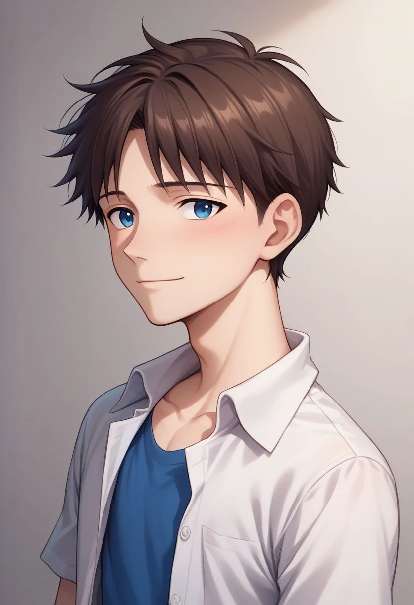 score_9, score_8_up, source_anime, highly detailed, 1boy, solo, male_focus, skinny,
shinji, 1boy, male focus, solo, blue eyes, brown hair, shirt, white shirt, collared shirt, open shirt, blue t-shirt, black pants, smile, shy,
indoor, upper body,