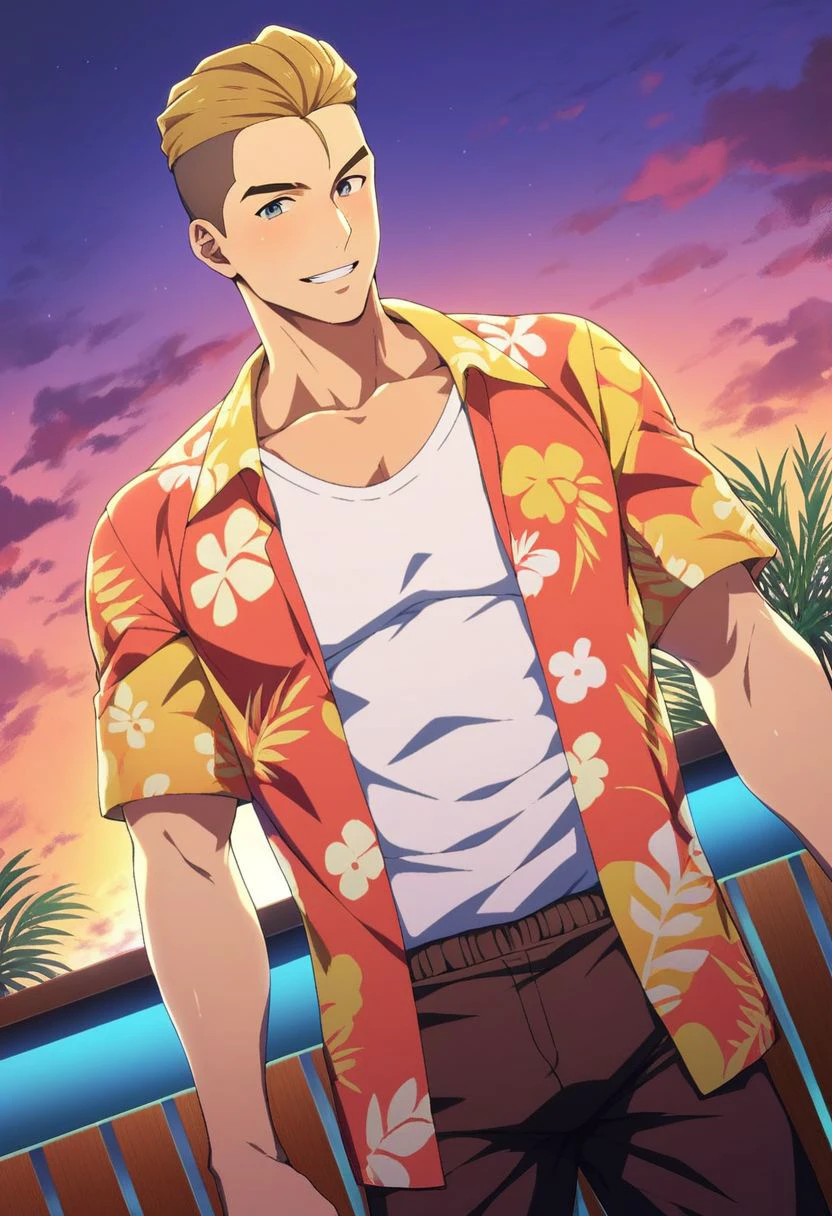 score_9,score_8_up,score_7_up, solo male, Ryoma Arakai \(Brave Bang Bravern\), blond hair, two-tone hair, slicked back hairstyle, undercut, grey eyes, white undershirt, orange hawaiian shirt, open shirt, brown shorts, smile, adult, mature, masculine, slim, tone body, handsome, charming, alluring, standing, upper body, perfect anatomy, perfect proportions, best quality, masterpiece, high_resolution, dutch angle, cowboy shot, bar, palm, sunset