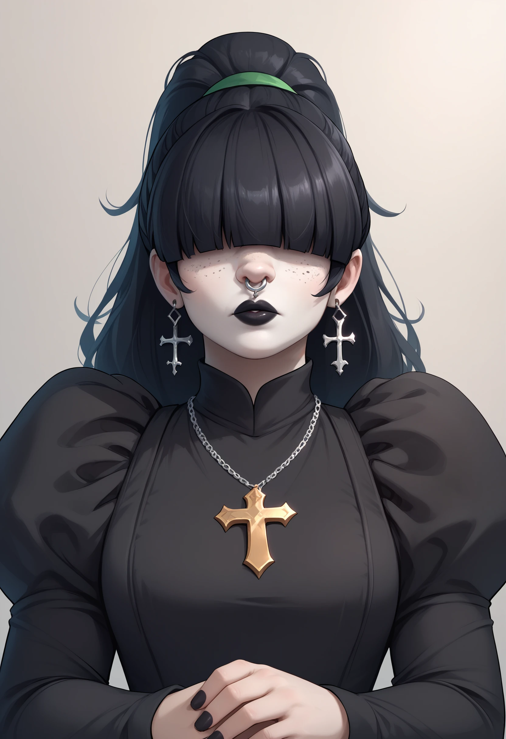 score_9, score_8_up, score_7_up, <lora:elisehtp-guy-PON-LyCORIS-Yv1:1> elisehtp, 1girl, solo, hair over eyes, blunt bangs, ponytail, freckles, white skin, black lips, nose ring, black dress, juliet sleeves, cross earrings, long sleeves, necklace, puffy sleeves, gothic, black nails,