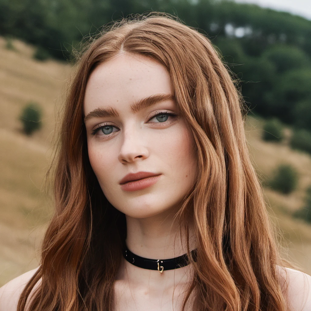 Skin texture, no makeup, Super high res closeup portrait photo of a stunning woman outdoors with straight hair, wearing a small string choker around her neck,f /2.8, Canon, 85mm,cinematic, high quality,looking at the viewer, saxsnk,  <lora:sasink_juggerX_xl_2_st-saxsnk-000088:1>