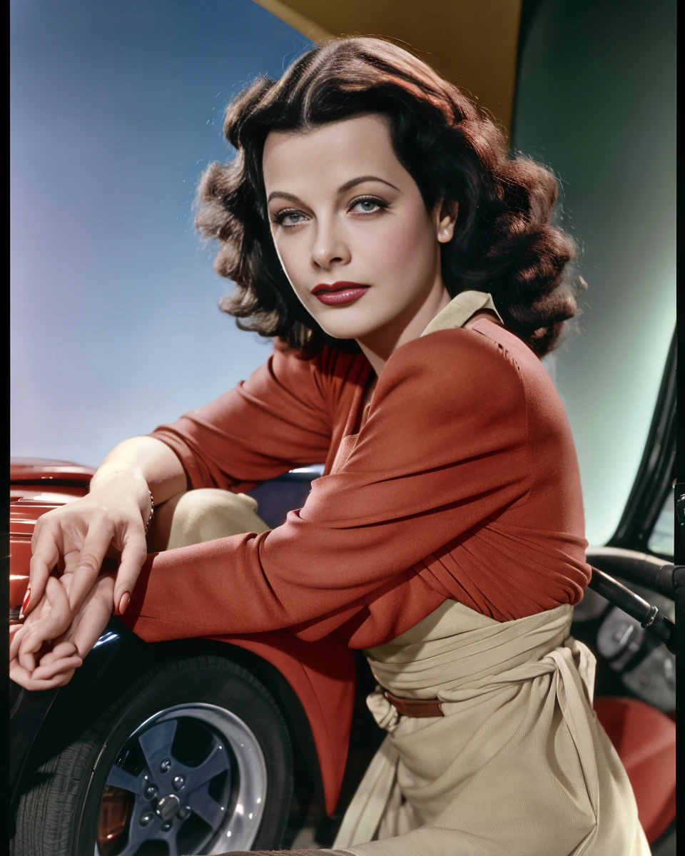 <lora:HedyLamarr:1> Hedy Lamarr driving a red sportscar, properly dressed, 4k, raw, full color, master piece