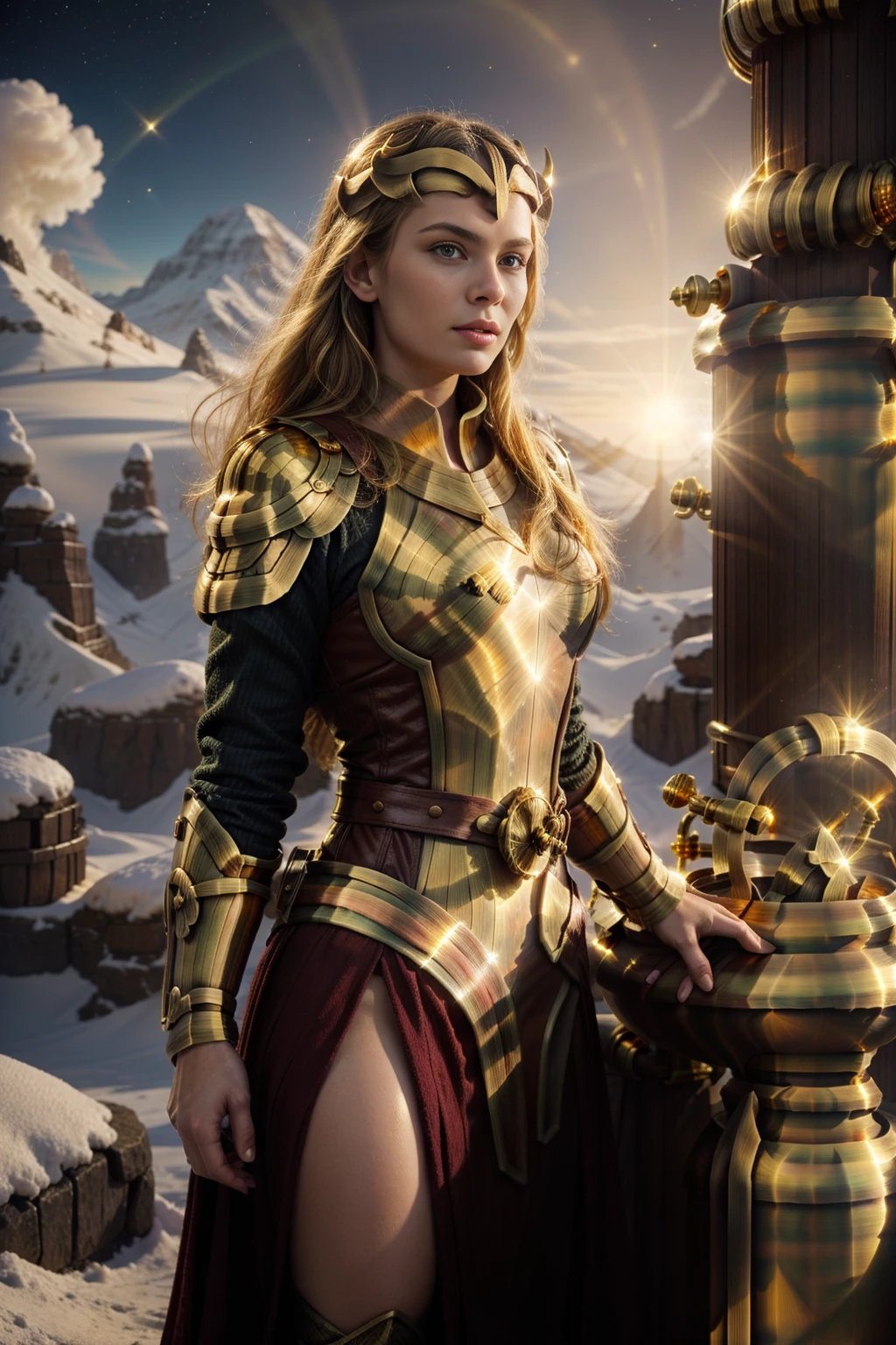 <lora:GoldBrassWorld:1> (GoldBrassWorld:1.1) 1woman   in The realm of the Norse gods  connected to Earth by the Bifrost bridge.