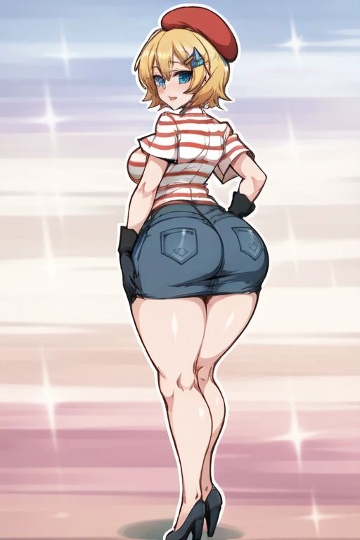 Francinecrushcrush, 1girl, solo, blue eyes, gloves, breasts, black gloves, blonde hair, red hat, striped shirt, hair ornament, denim skirt, looking back at viewer, ass, thicc thighs