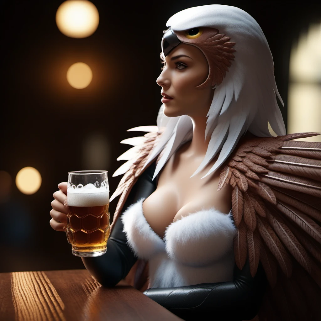 cinematic photo a woman, white hairs, boots, feathers, wings, large breast, having a beer in a pub  <lora:Sorceress1024:0.8> . 35mm photograph, film, bokeh, professional, 4k, highly detailed