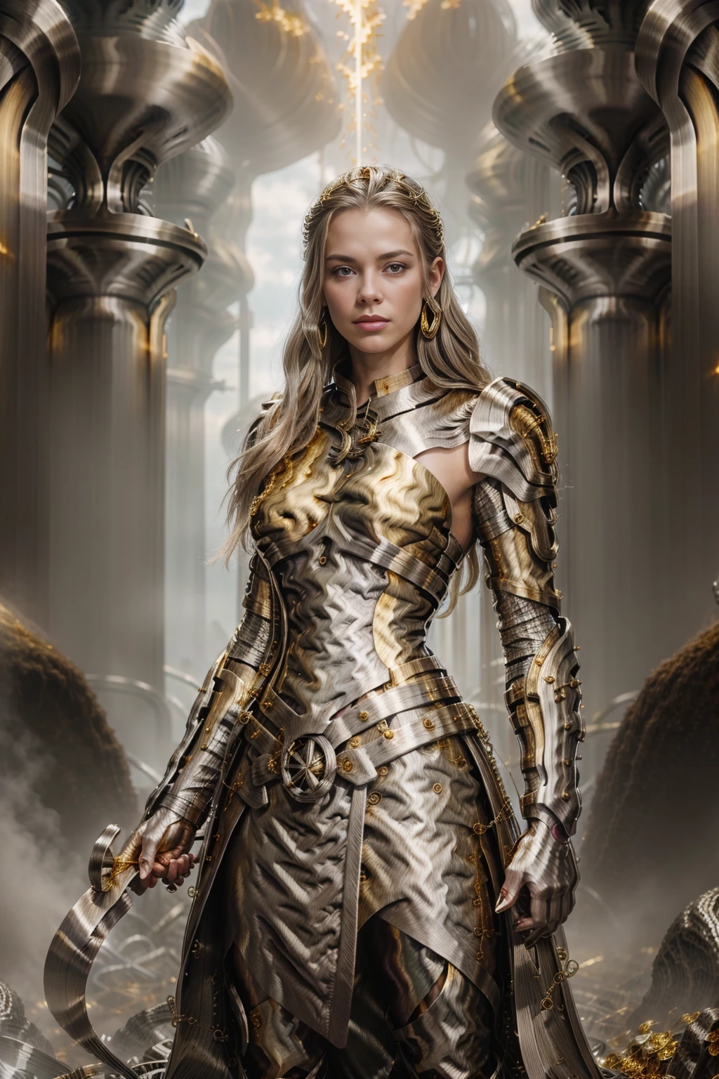 <lora:GoldStainlessSteelWorld:1> (GoldStainlessSteelWorld:1.1) 1woman   in The realm of the Norse gods  connected to Earth by the Bifrost bridge.