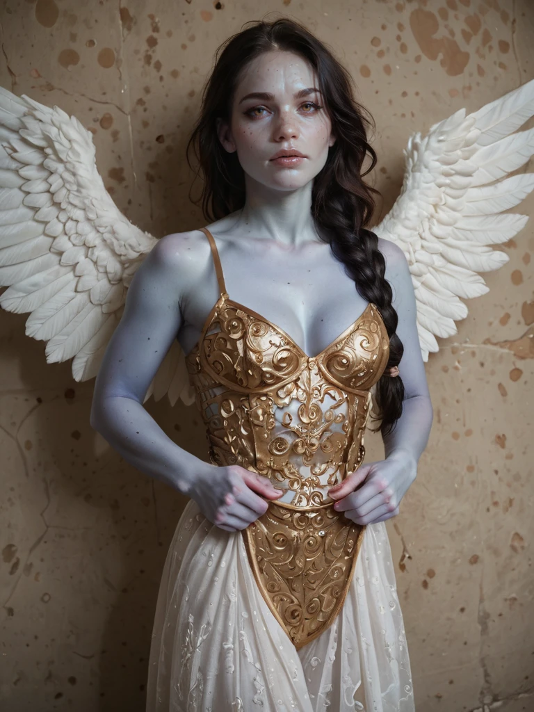 female aasimar, colored skin, (blue skin:1.2), angel wings, muscular, (chain mail), fantasy setting, adventurer gear, black hair, long braid, score_9, score_8_up, score_7_up, score_6_up, score_5_up, score_4_up, Semi-real, photorealistic, 16k_uhd, vrays, fine_art_painting, overall_detail, face_detail, rating_questionable, a fine art painting, photorealistic art, (realistic illustration:1.4), whimsical detail, fantastical, conceptual storytelling, concept art, extravagant-and-vivid-composition, focus-on-intricate-details, naturalism, hyperdetailed, hyperrealistic, very aesthetic, colloquial-(horny), colloquial-(wicked)