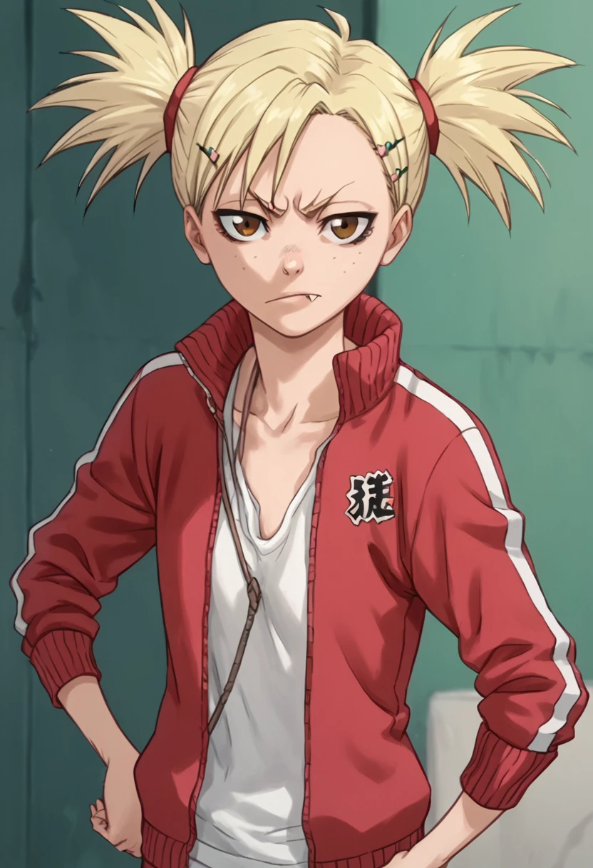 hiyorisarugaki, 1girl, blonde hair, solo, track jacket, hairclip, short twintails, freckles, brown eyes, tank top, looking at viewer <lora:HiyoriSarugakiPony1.2:1>, score_9, score_8_up, score_7_up, score_6_up, score_5_up, score_4_up, looking at viewer, hand on own hip, cowboy shot,sharp tooth