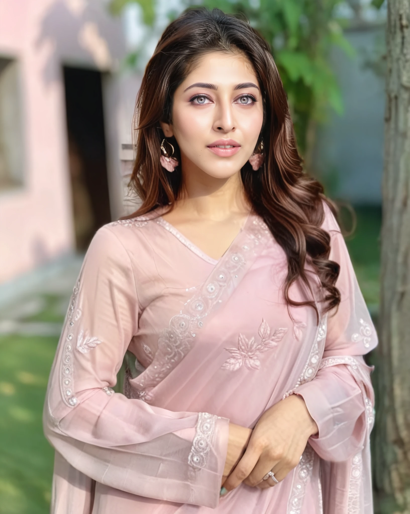 photo of Sonarika Bhadoria woman,  wearing conservative Rose Quartz colored clothing, full body, dynamic pose, grey_eyes, looking at the camera, soft lighting, outdoors in bokeh   <lora:Sonarika_Bhadoria_SDXL_LoRA_adafactor:1>