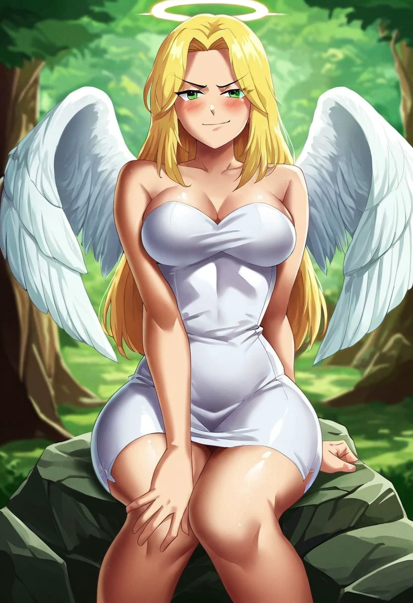 score_9, score_8_up, score_7_up,  source_cartoon, DoompyPomp \(Artist\), @DoompyPomp, 1girl angel with 2 large angel wings and a halo, curvy, white dress, strapless, suggestive pose, solo, looking at viewer, sitting on a rock, forest, nature, forest meadow, looking at viewer, embarrassed, medium breasts, from front, looking at viewer playfully, naughty, smirk, (blonde hair, mid parted hair, straight hair, long hair:1.2),  blush, beautiful green eyes,