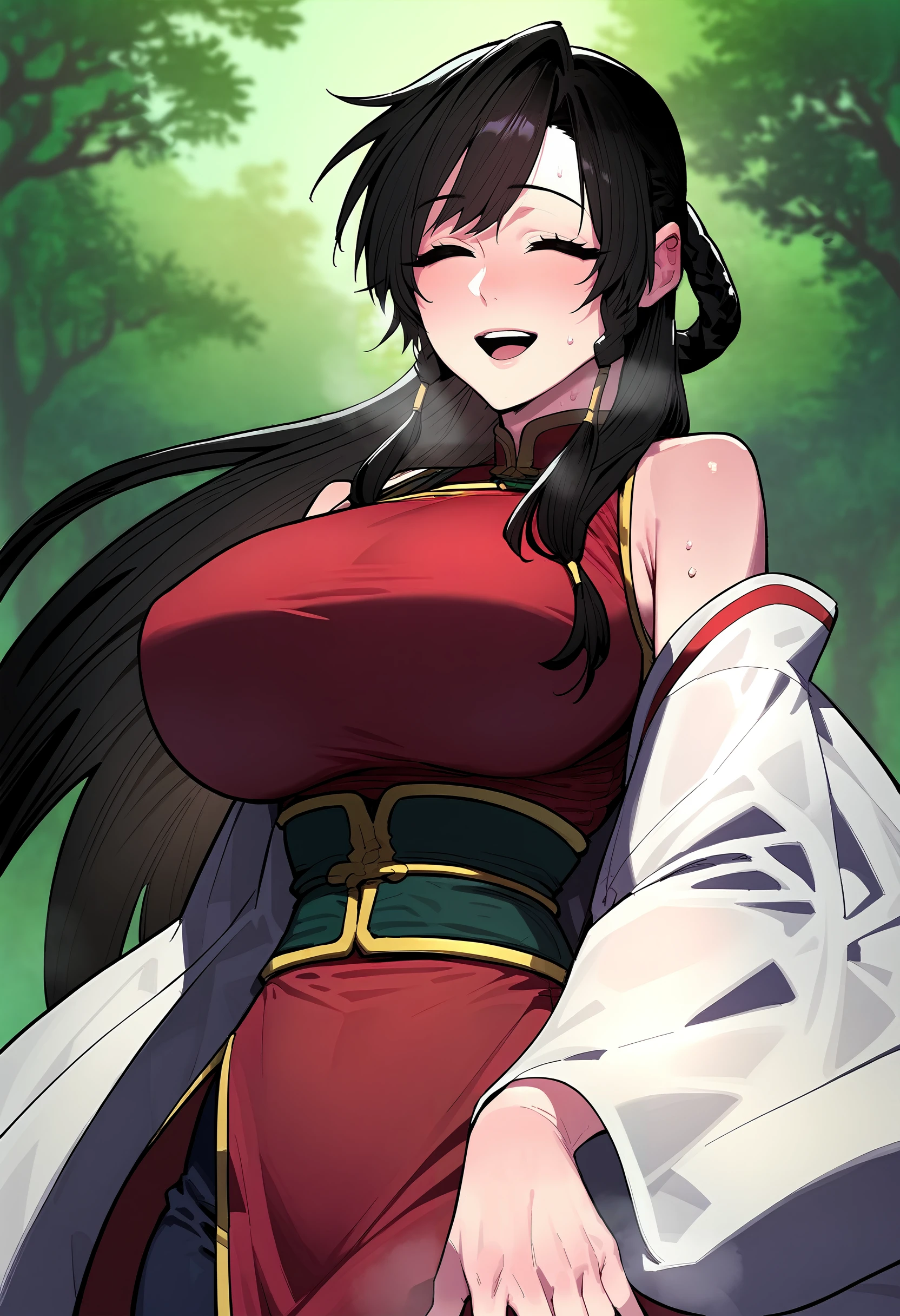 score_9, score_8_up, score_7_up, score_6_up, source_anime, rating_explicit, <lora:neg4all_bdsqlsz_V3.5:2.0>1girl, (solo:1.1), huge breasts, <lora:Naksowolponyxl:1> black hair, long hair, black eyes, braid, hair tubes, chinese clothes, red dress, white long sleeves, smile, open mouth, (closed eyes:1.2), Narrow shoulders, heavy breathing, sweat, steaming body, forest, outdoor, looking at viewer, (pov:1.1), (close-up:1.2)