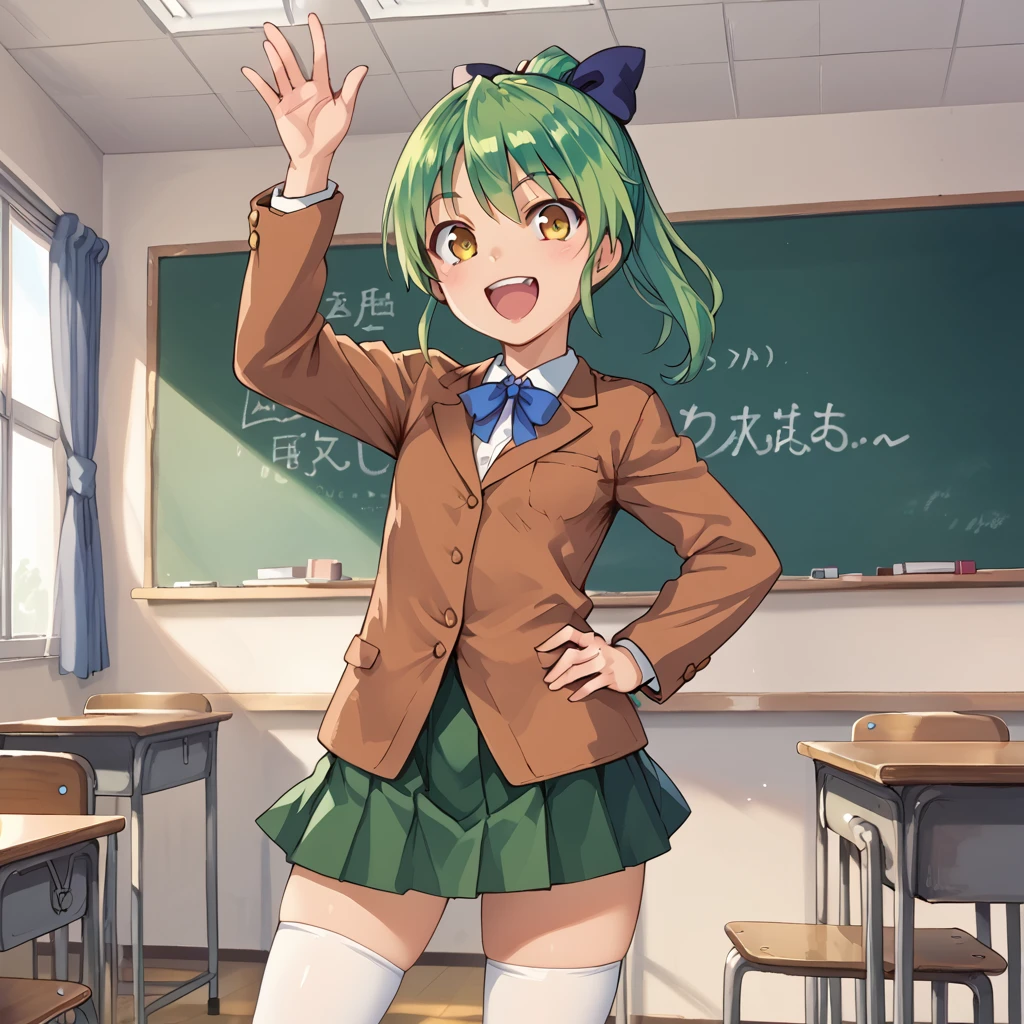 score_9, score_8_up, score_7_up, masterpiece, BREAK, 
ai_aihara, green hair, yellow eyes, ponytail, hair ribbon, brown jacket, green skirt, hand on hip, solo, standing, white thighhighs, 
waving, classroom, happy, excited, 
<lora:Ai_Aihara:0.8>