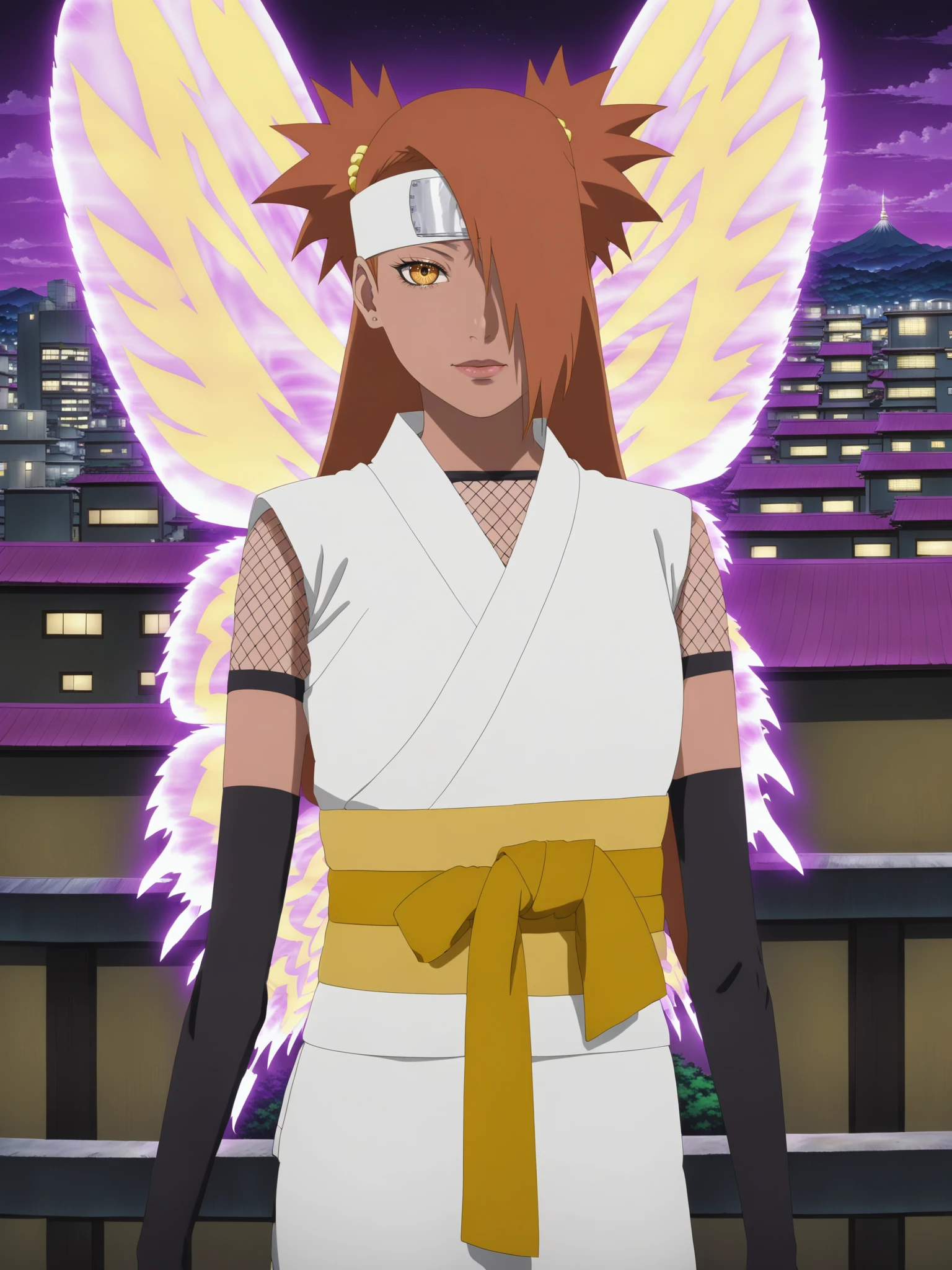 chocho akimichi, woman, chodef, butterfly mode, purple wings, forehead protector, white kimono, fishnet shirt,  arm warmers, sleeveless, yellow sash, dark yellow ribbon, upper body, close-up, city in background, standing, full body, <lora:Chocho_Akimichi_sdxl_v2:1>,