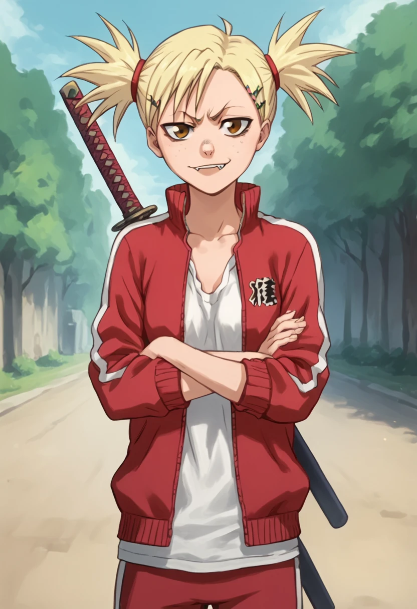 hiyorisarugaki, 1girl, blonde hair, solo, track jacket, hairclip, short twintails, freckles, brown eyes, tank top, looking at viewer katana,outdoors,smile, <lora:HiyoriSarugakiPony1.2:1>, score_9, score_8_up, score_7_up, score_6_up, score_5_up, score_4_up, looking at viewer,crossed arms, cowboy shot,sharp tooth