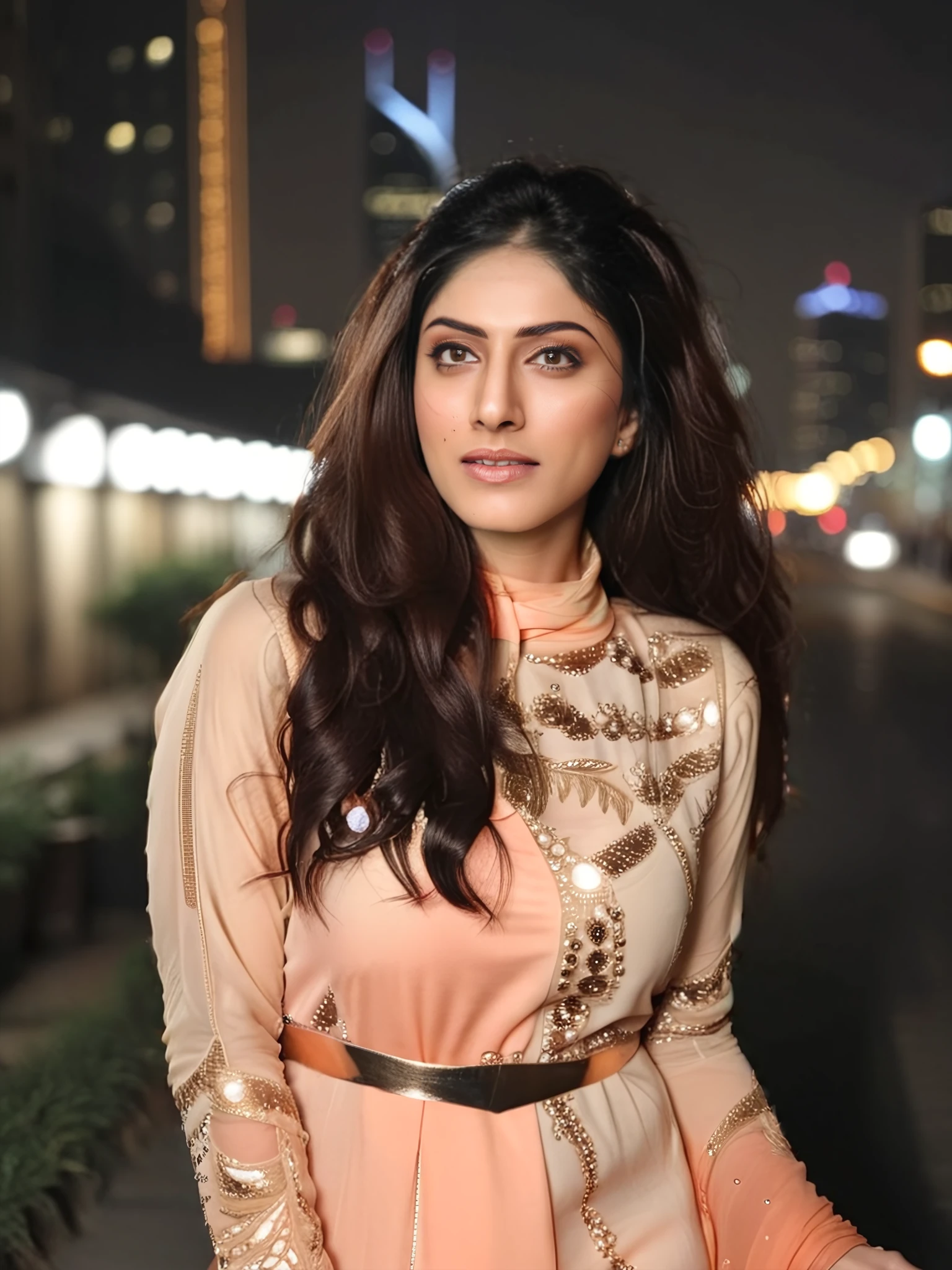 photo of a 30-year-old Sapna Pabbi woman,  Apricot colored high neck Salwar Kameez, dynamic pose, , Looking at the camera, tied_hair, soft lighting, night time, city lights in bokeh   <lora:Sapna_Pabbi_SDXL_LoRA_adafactor:1>