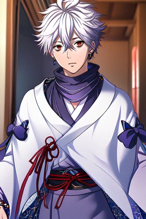 (masterpiece),(best_quality),1boy,Yakushi,blue ribbon,purple bow,poncho,wide sleeves,belt,bead bracelet,white hair,looking at viewer,<lora:Yakushi:1>,