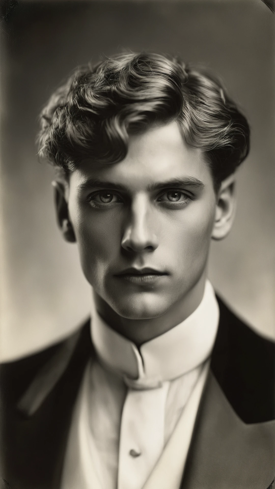 Masterpiece, close up, Portrait of a beautiful young man with black eyes by Alfred Cheney Johnston, Kati Horna, insanely detailed, soft volumetric lighting, Perfect composition, Art deco, captivates with sharp focus, depth of field, studio photo quality