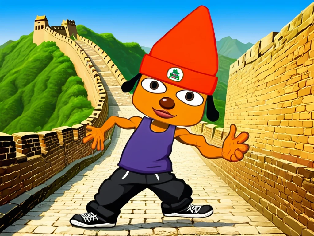 <lora:Kick_Punch_its_All_in_the_Mind:1.5>,<lora:bodybuilder>,bodybuilder,stylized drawing of a bodybuilder,style of parappa the rapper,gigachad parappa kicking down the great wall of china,