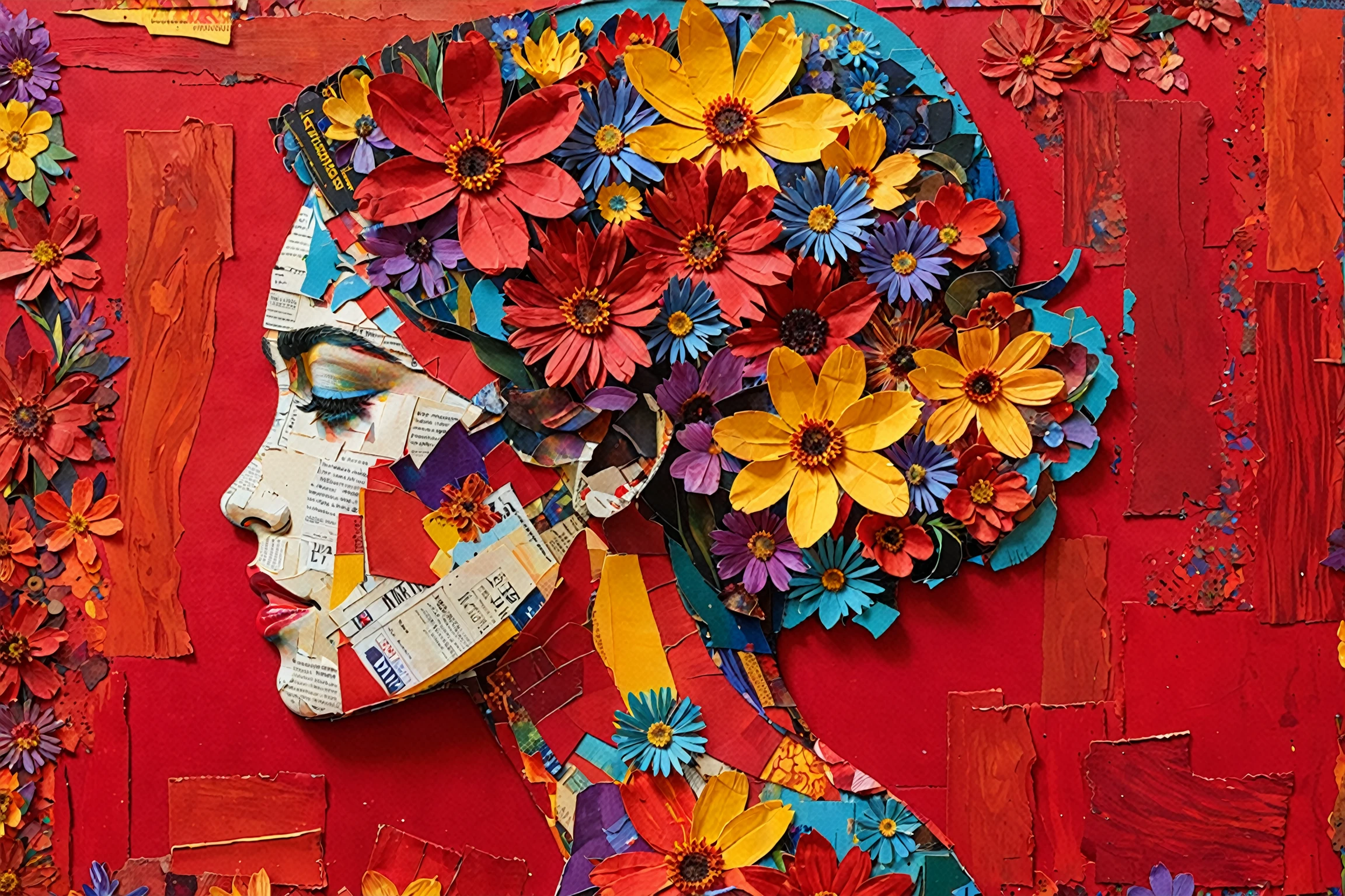 A vibrant and intricate artwork of a side profile of a woman's face. Her profile is filled with a burst of colorful flowers, predominantly in shades of red, yellow, purple, and blue. The background is a textured red canvas with thick, layered brush strokes. The woman's face and neck are adorned with various collage elements, including magazine clippings, labels, and other paper pieces, which give a sense of depth and complexity to the artwork.<lora:EMS-392232-EMS:0.800000>