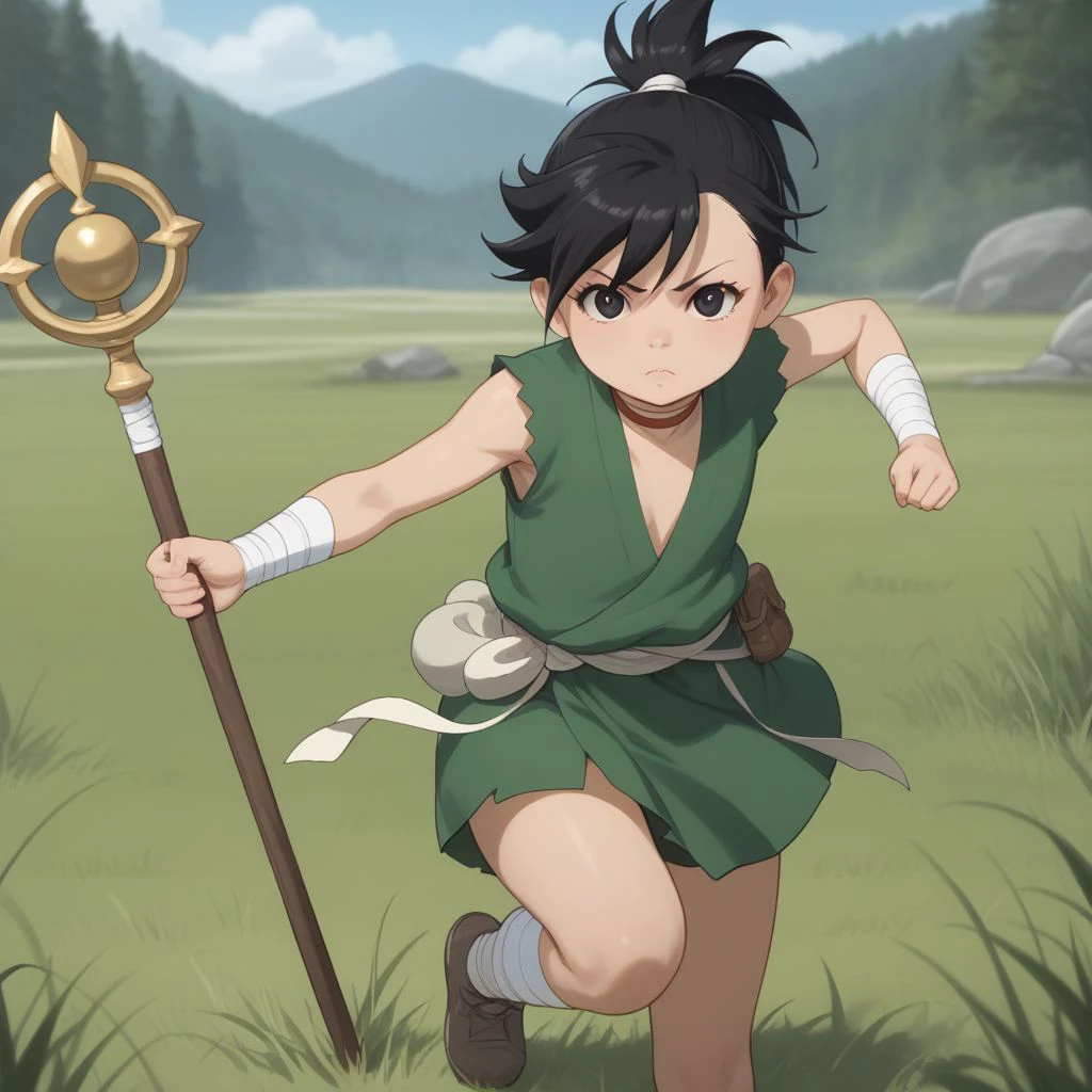 score_9, score_8, score_7, BREAK, dororo, female child, small body, young face, black hair, ponytail, choker, black eyes, bandages, wrist wrap, ankle wrap, bo staff. combat stance, outdoors, grass,