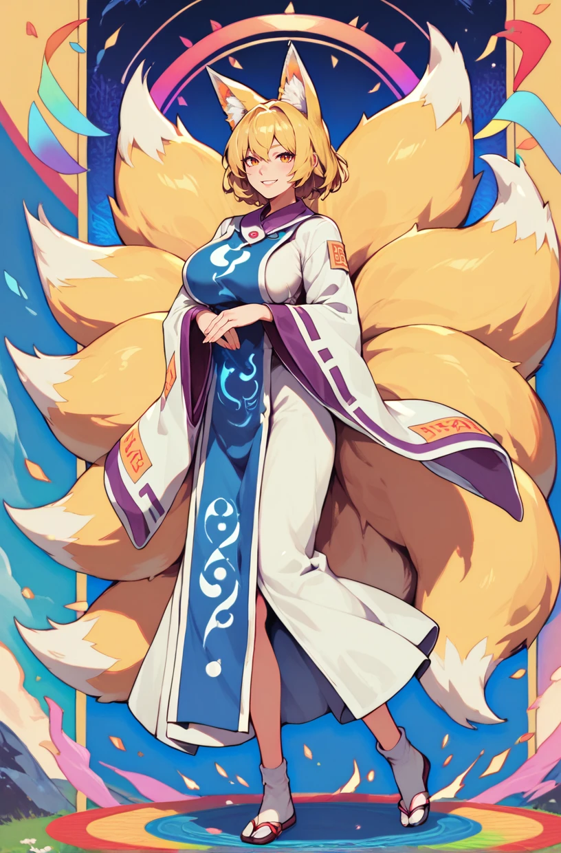 score_9, score_8_up, score_8, score_9, 1 girl, source_anime, <lora:yakumo_ran_pony-10:0.8> , yakumo ran, blonde hair, fox ears, tabard, white dress, fox tail, glowing, smile, full body, wide sleeves, long sleeves, detailed background, large breasts, socks, <lora:Rainbow Style SDXL_LoRA_Pony Diffusion V6 XL:0.8> rainbow style, vibrant colors, vivid colors,