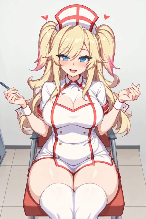 Blancecrushcrush, 1girl, solo, blue eyes, nurse, thighhighs, cleavage, nurse cap, blonde hair, multicolored hair, hair heart, thicc thighs, at viewer, sitting