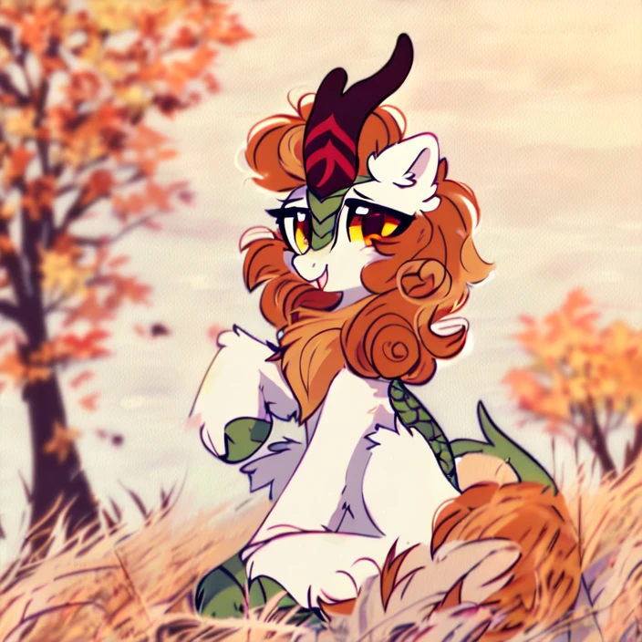 safe, solo, autumn blaze, kirin, female, cute, sitting, grass, artist:mirtash