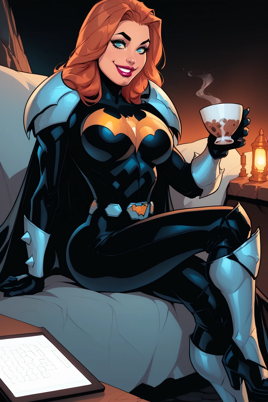 score_9, score_8_up, score_7_up, masterpiece, high quality, BREAK
<lora:Elseworld BatgirlPonyLoRA:1>elswrldbtgrl, long hair, shoulder armor, bodysuit, cape, bracer, gloves, belt, greaves, smile, sitting in a cave with computer, holding a cup of tea
<lora:CherryMouseStreetStylePonyLyco:1> 1girl, lipstick, uncensored, makeup, nose, lips, solo