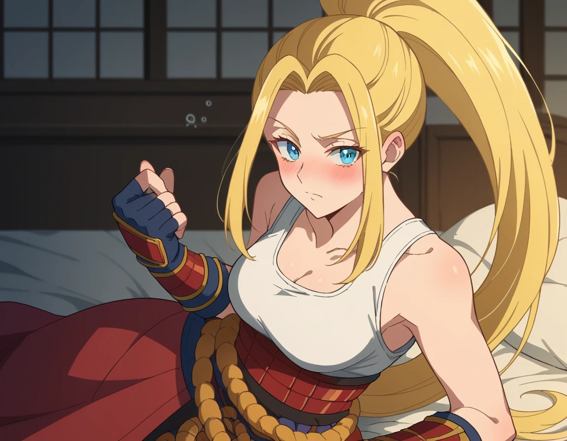 score_9, score_8_up, score_7_up, source_anime,
beatrixamerhauser, <lora:beatrix-amerhauser-s1-ponysdxl-lora-nochekaiser:1>,
beatrix amerhauser, long hair, blue eyes, blonde hair, gloves, ponytail,
gloves, fingerless gloves, armor, japanese armor, tank top, white tank top,
indoors, bed, bed room, on side, blush, drunk,
looking at viewer, cowboy shot, dutch angle, solo,