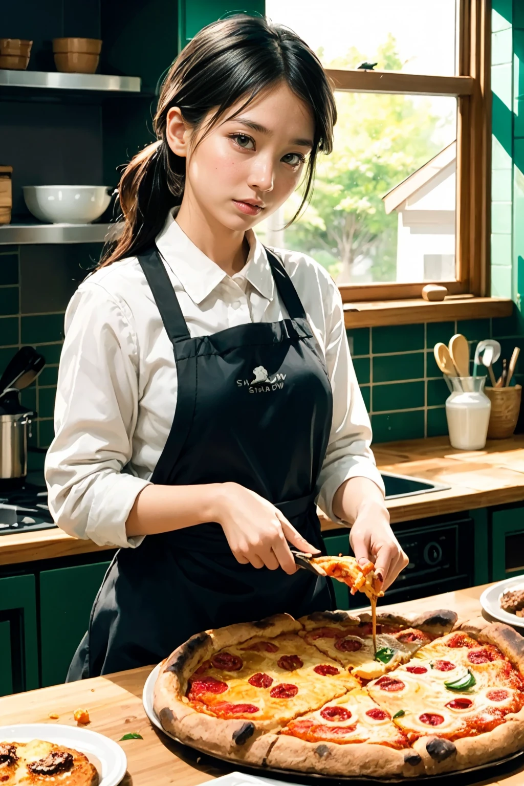 ((Make me delicious food,pizza)),
A cinematic film still of kitchen,
1girl,