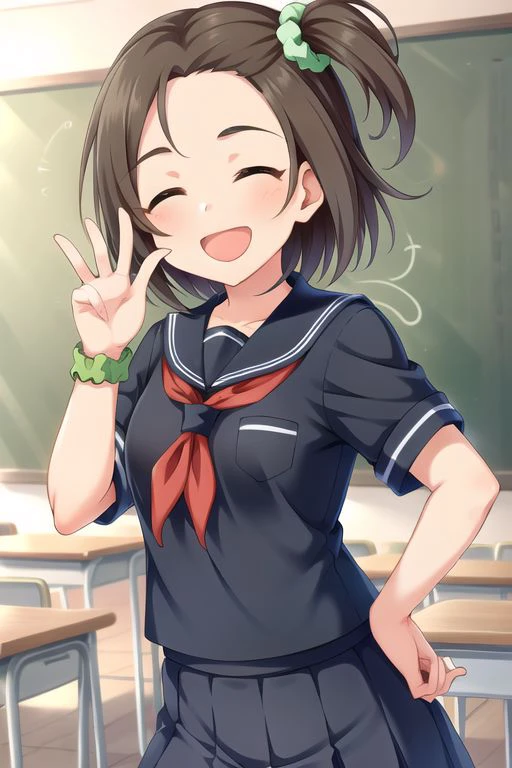 (masterpiece),good hands ,yanase miyuki, short hair, brown hair, brown eyes, one side up, 1girl, solo, scrunchie, school uniform, closed eyes, serafuku, smile, skirt, open mouth, classroom