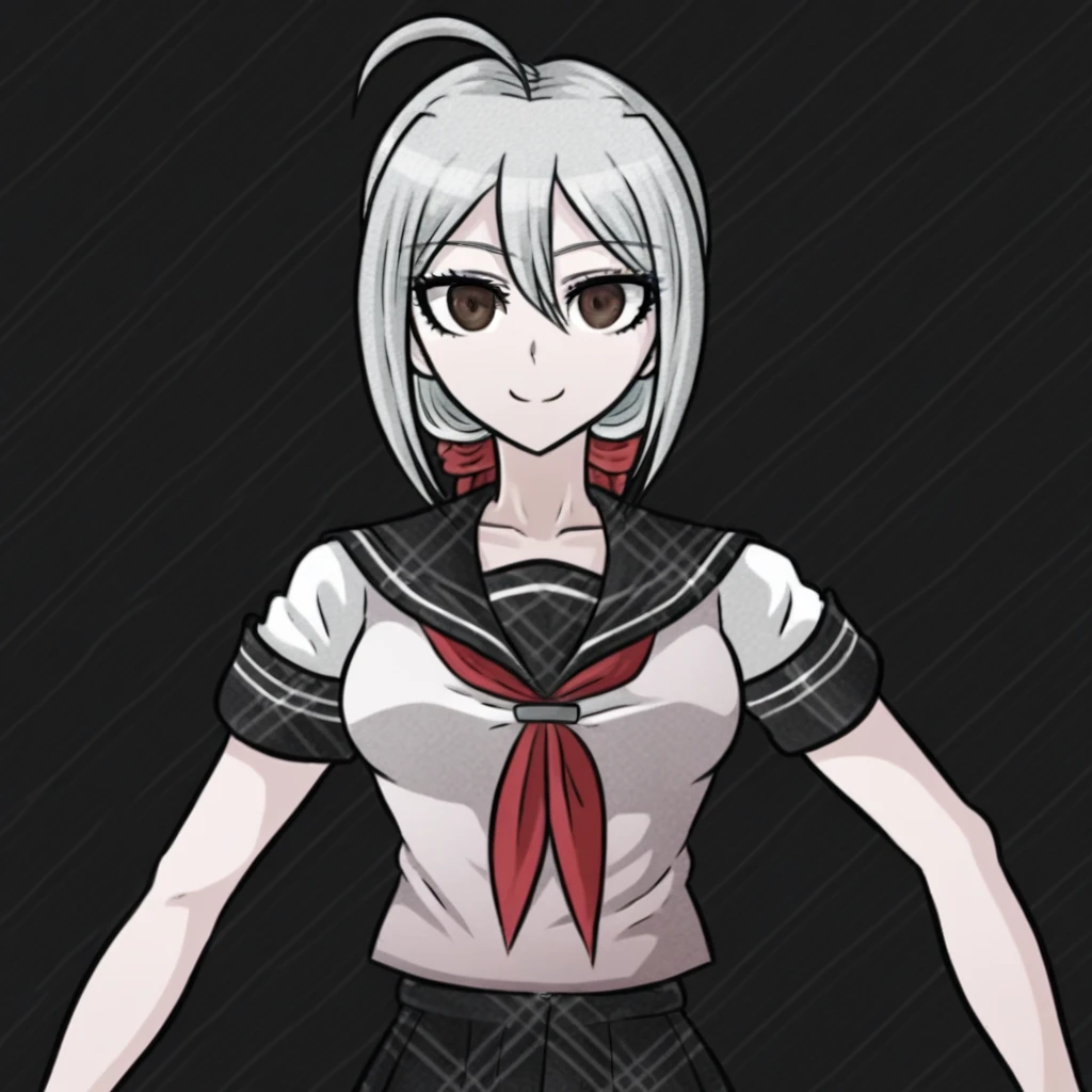 sora, danganronpa, silver hair, ponytail, bangs, hair ribbon, red ribbon, ahoge, brown eyes, serafuku, sailor collar, black sailor collar, ribbon tie, red ribbon tie, skirt, black skirt, patterned skirt, smile,