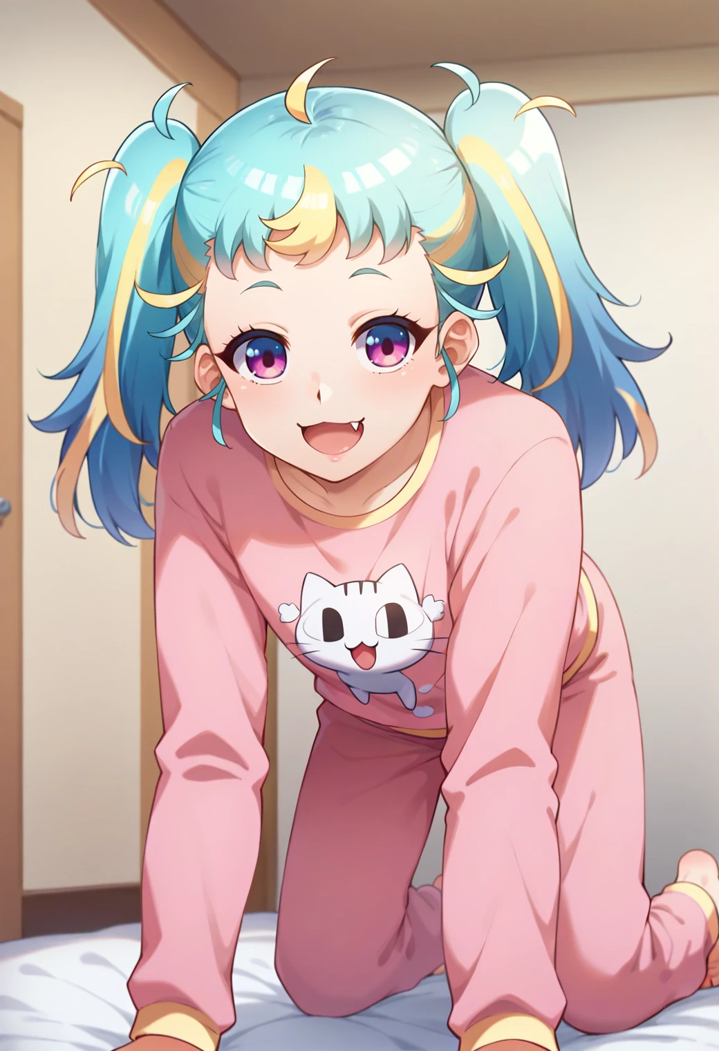 score_9, score_8_up, score_7_up, hd, (ultra hd quality details), indoors, night,
solo, 1girl, myamupri, twintails,
pink pajamas, long sleeves, pink pants, cat stamp,
looking at viewer, open mouth, smile, fang,
all fours, from below,
<lora:_myamu-elesico-e12:0.85>