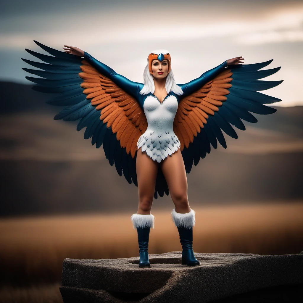 cinematic film still a woman with wings and boots, fantasy landscape background <lora:Sorceress1024:0.8> . shallow depth of field, vignette, highly detailed, high budget, bokeh, cinemascope, moody, epic, gorgeous, film grain, grainy