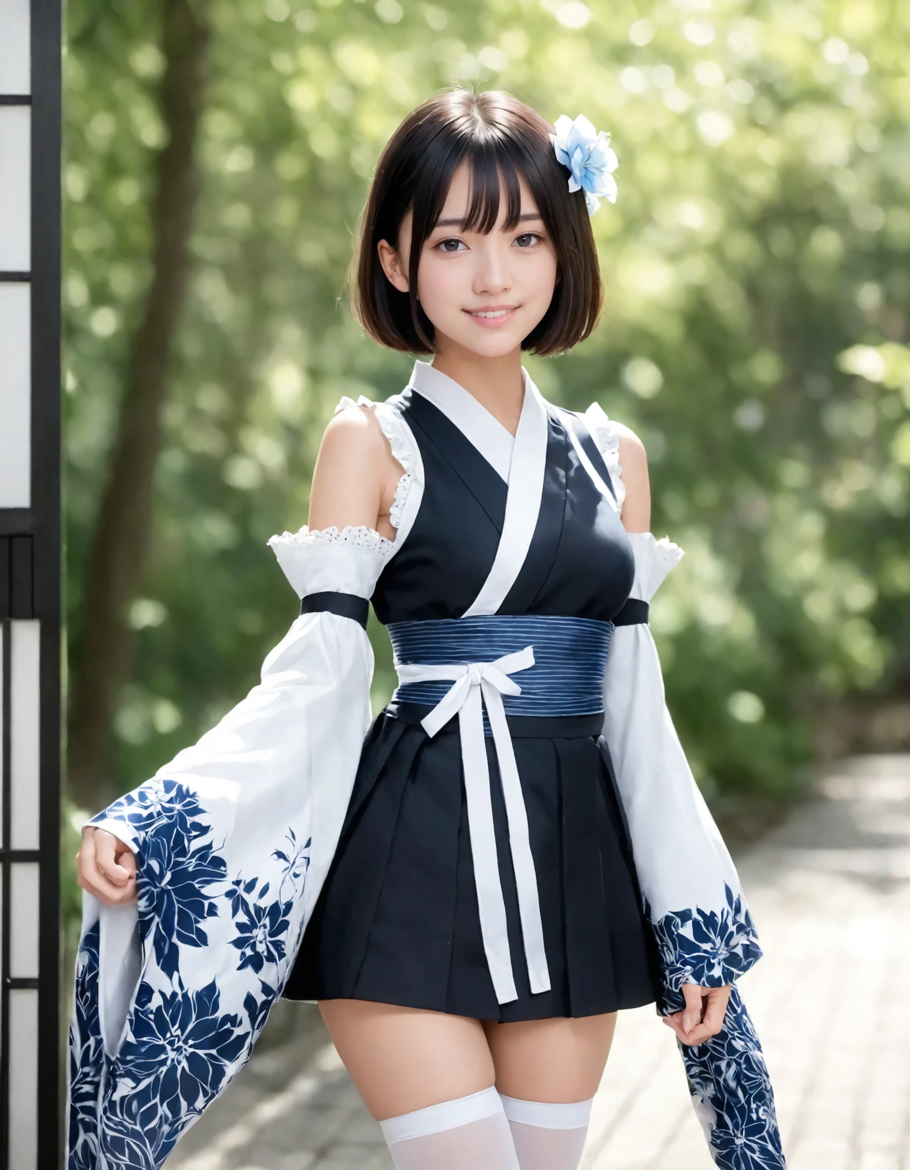 1girl, solo,
(Best quality:1.0),(masterpiece:1.0),photorealism,
cowboy shot,
(black hair:1.1), (black eyes),
short cut hair,
(medium breasts:1.1),
slender,
BREAK
(japanese:1.2),
frills, japanese clothes, hair flower,wide sleeves, kimono, white thighhighs, zettai ryouiki, floral print, skirt,detached sleeves,
light smile,
20yo,