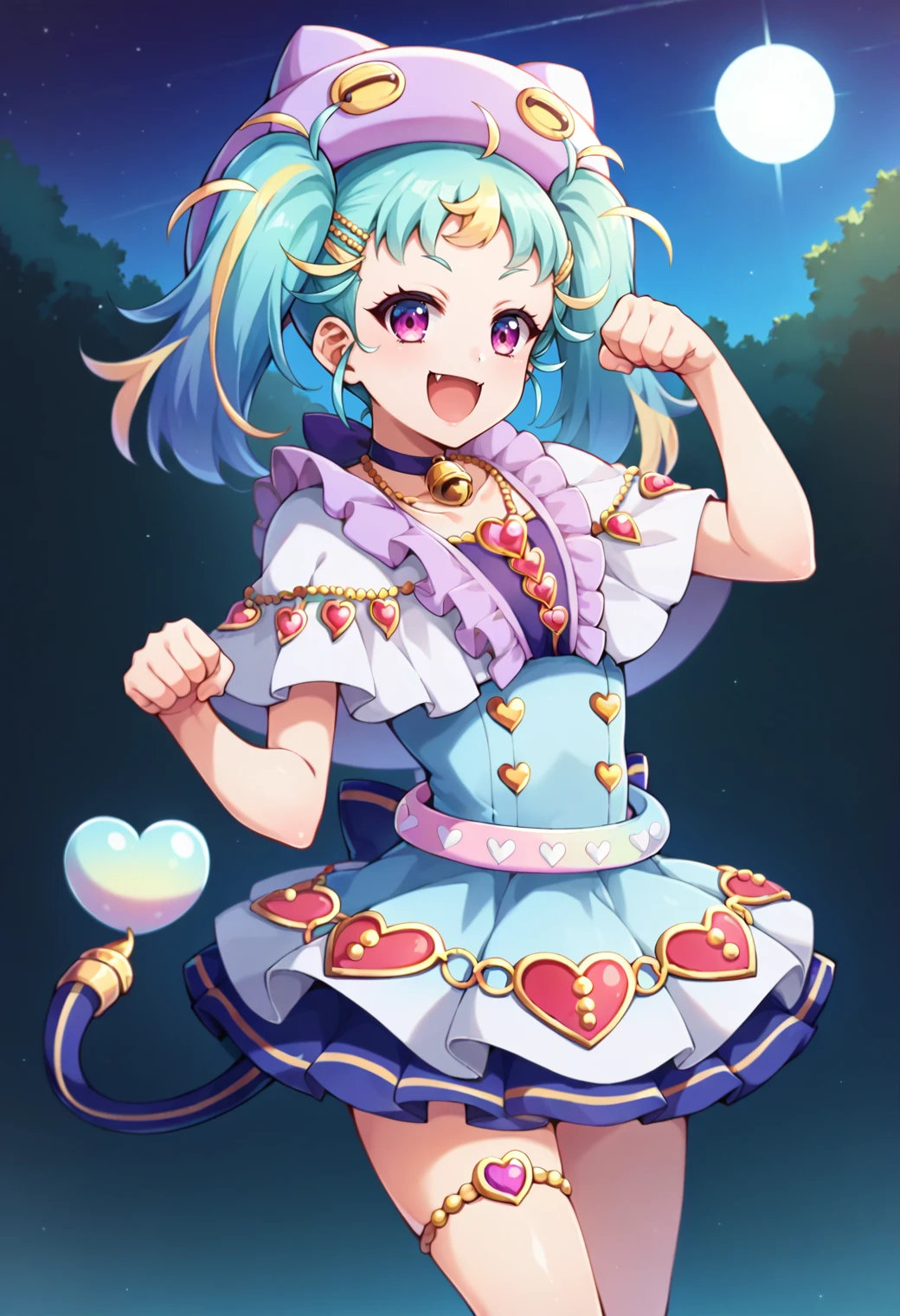 score_9, score_8_up, score_7_up, hd, (ultra hd quality details),
solo, 1girl, myamupri, twintails,
mymdefbluedress, hair ornament, choker, collarbone, neck jingle bell, animal hat, white capelet, frills, jewelry, belt, thighlet, purple ribbon, back ribbon, tail, heart,
smile, fang, looking at viewer, open mouth,
standing, paw pose,
<lora:_myamu-elesico-e12:0.85>