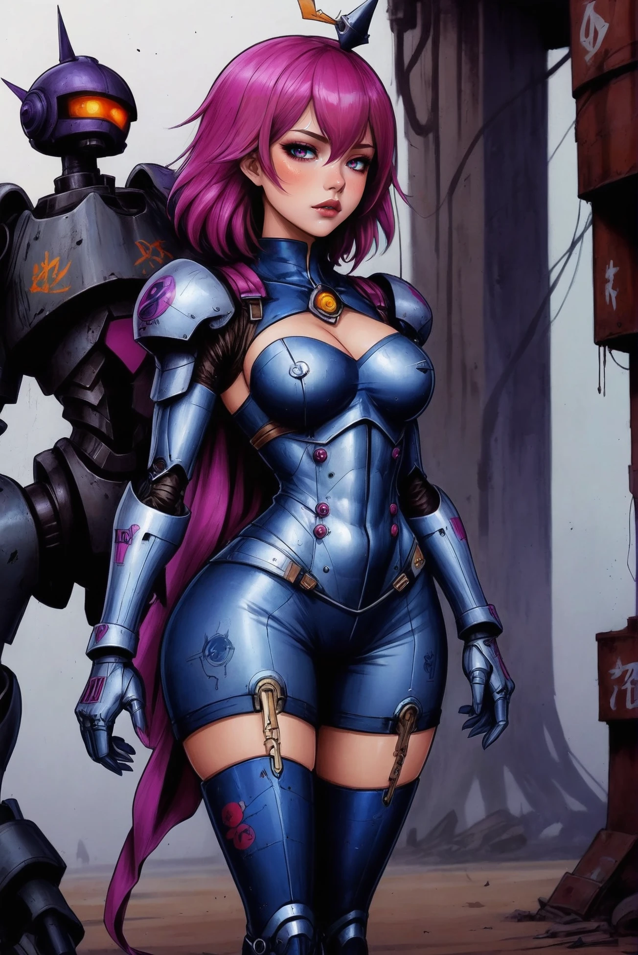 detailed dark anime sketch, full body, 1girl, woman, (villanous eldritch knight mecha pilot:1.3), dark lipstick, (blush:1.3), pose, zettai ryouikia,(from side:1.5), (power armor:1.2) [:sexy, intricate costume design:0.2], bombshell hair, indigo and violet hair, bombshell bob cut, peru clothes, thicc hourglass figure, small breasts, (asian:1.3), abandoned,mysterious scifi town beyond the beginning of reality<lora:EnvyStarlightDarkAnime03:1.25>