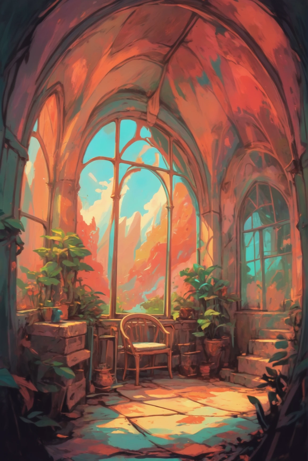 anime style digital painting, <lora:EnvyLightPastelXL01:.8> Decaying Conservatory \(room\) in a wonderous fantasy village in a Warlock's Volcano