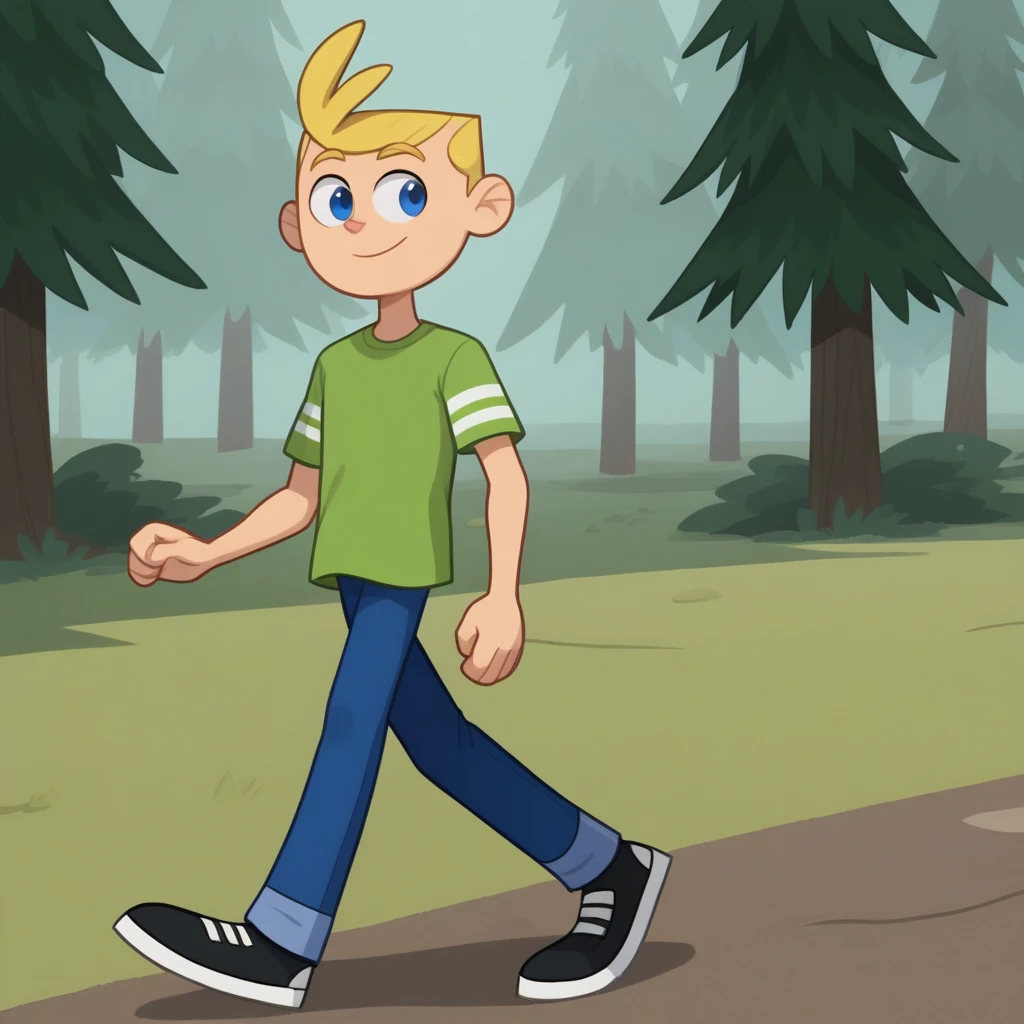 score_7_up, BREAK, Jimmy, 1boy, solo, blonde hair, blue eyes, light smile, green t-shirt, short sleeves, blue pants,   <lora:Jimmy_JTS_PXL_Leaf1:0.8>, walking, forest,