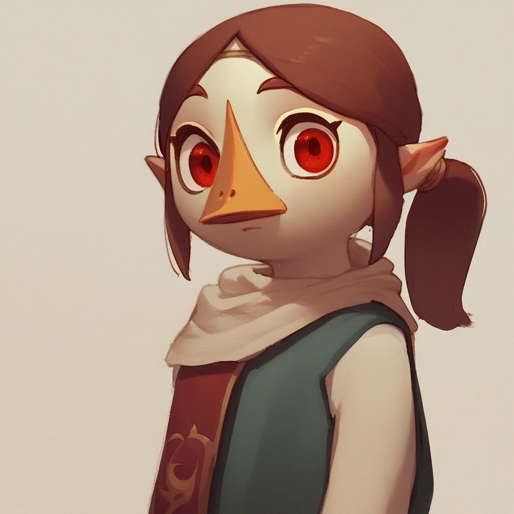 score_8, score_9, medli, brown hair, red eyes, beak, pointy ears, ponytail