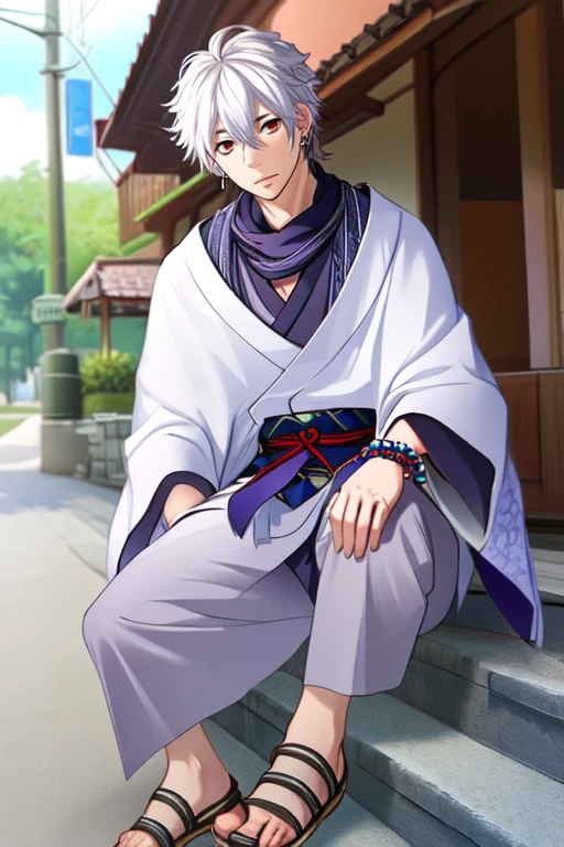 (masterpiece),(best_quality),1boy,Yakushi,sandals,purple bow,poncho,bead bracelet,wide sleeves,belt,white hair,looking at viewer,<lora:Yakushi:1>,