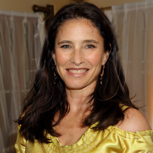 a Realistic portrait of a mimi rogers woman with brown eyes and long brown Hair style, looking at the viewer, detailed face, detailed eyes, (smiling showing teeth:1.1), perfect slim body, modelshoot style, hand on own shoulder, an evening dress with long sleeves, wearing gold earrings and jewelry, soft lighting, professional Photography, Photorealistic, detailed, standing in a dark Studio Room background, blurred background, RAW, analog, sharp focus, 8k, HD, DSLR, high quality, Fujifilm XT3, film grain, award winning, masterpiece
 <lora:mimi rogers v1.0:1>