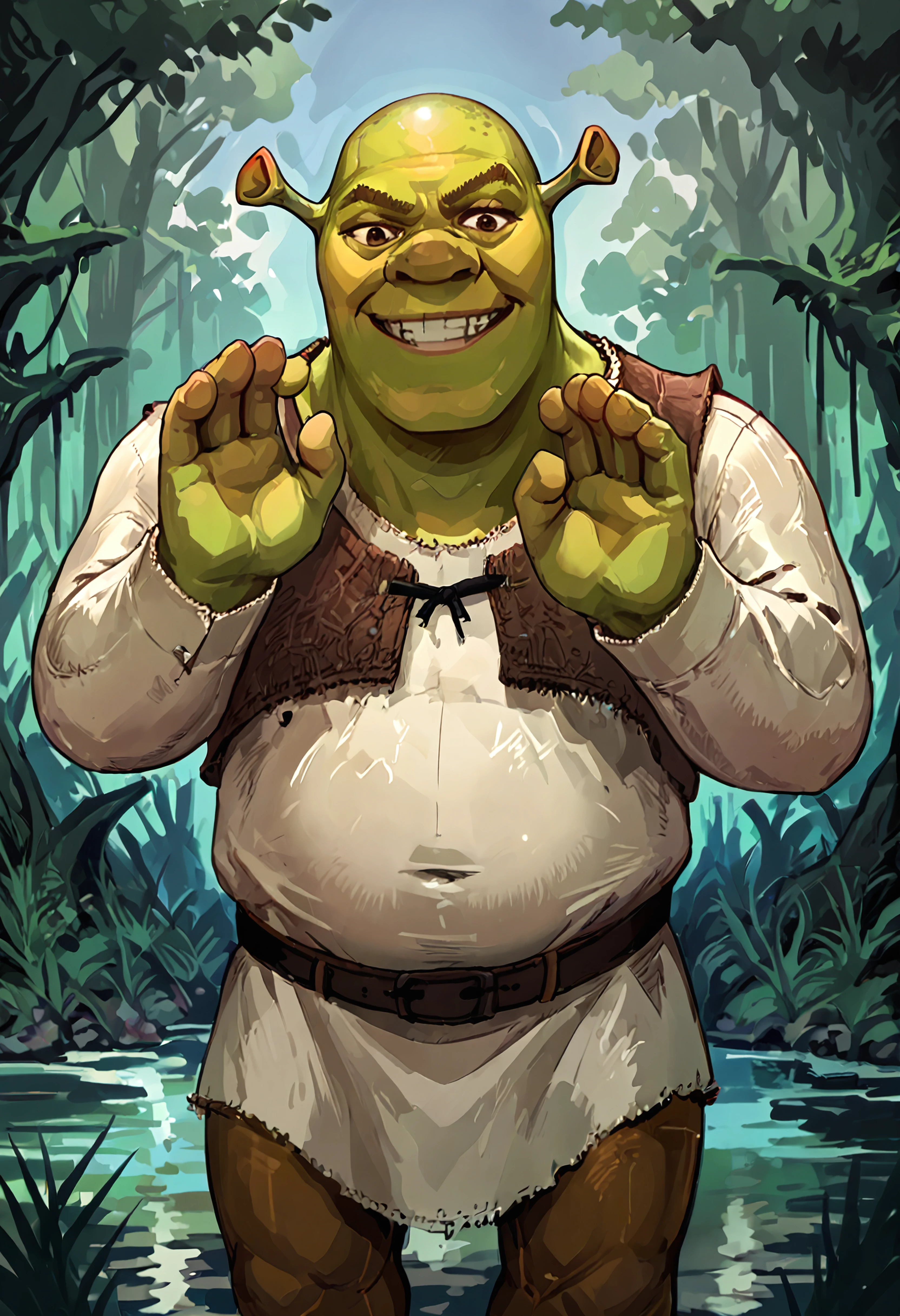 score_9, score_8_up, score_7_up, score_6_up BREAK  <lora:ujac_pd_unet:1> <lora:Shrek_XLPD:0.8> solo,outdoors,swamp,shrek, green skin,bunny pose,grin,male focus,bald,hands up